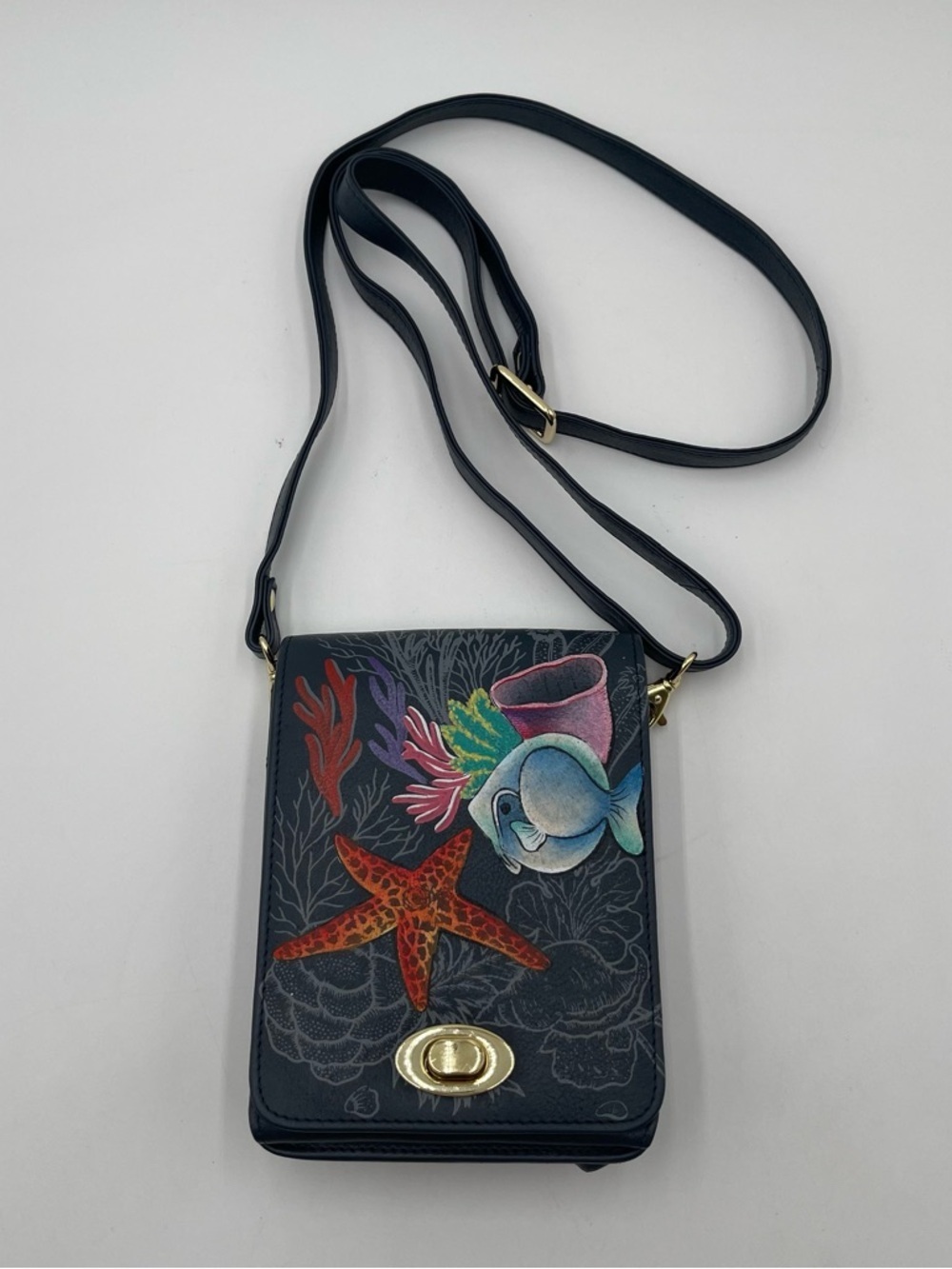 Anuschka Hand Painted “Ocean Magic” Flap Over Crossbody Bag Purse Fish Colorful